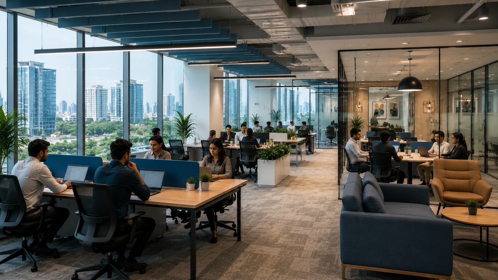 Modern flexible office space for entrepreneurs with professional workstations, meeting rooms and collaborative workspace in Noida.
