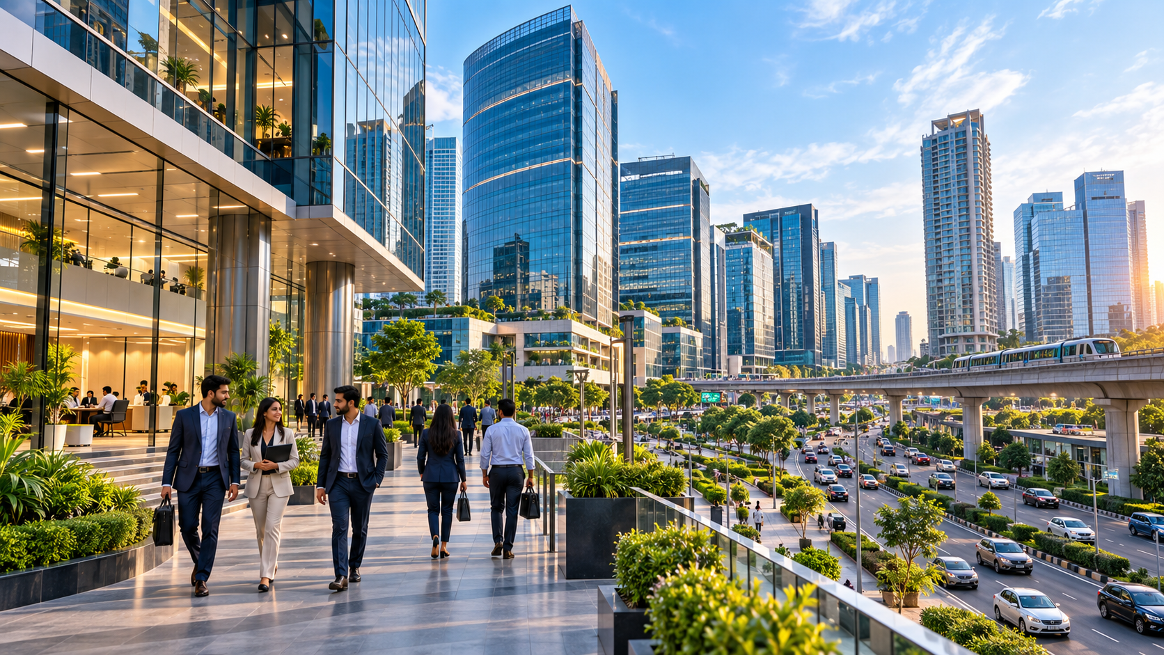 Modern Gurgaon business district with premium office buildings representing the best office locations for businesses.
