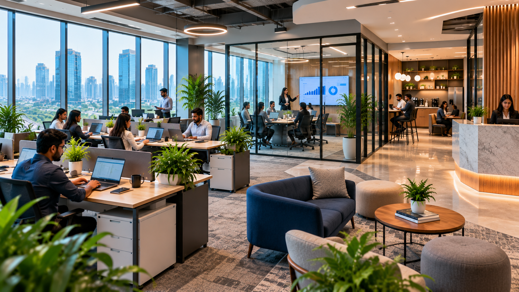 Modern startup office infrastructure with ergonomic workstations, meeting room, private cabin and business facilities.