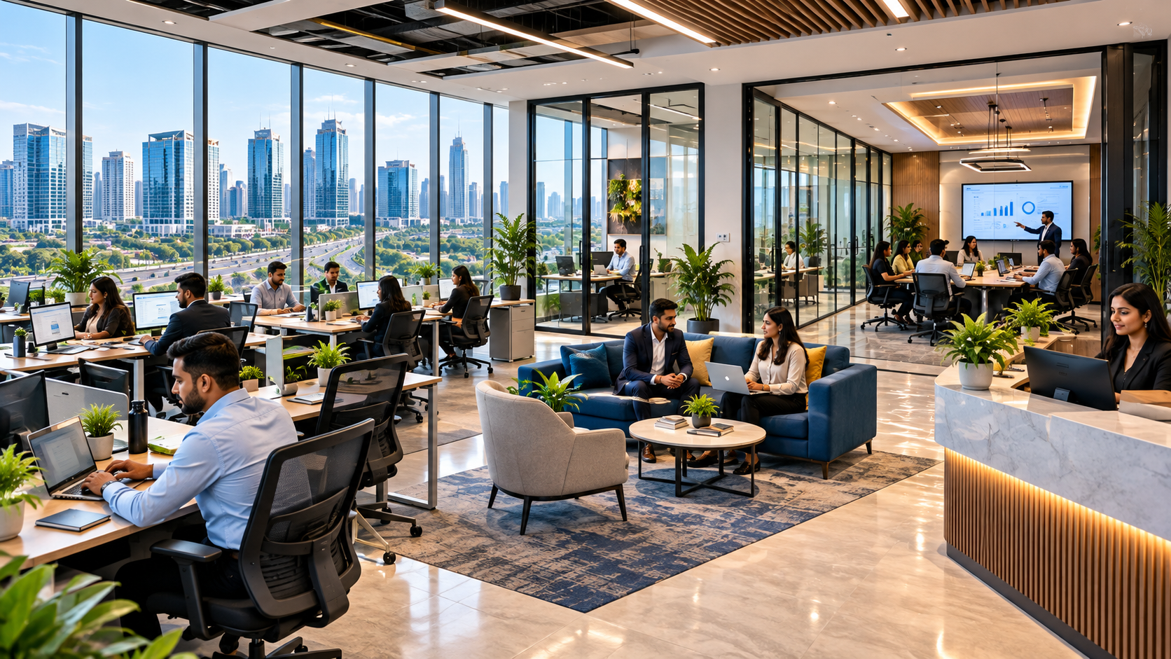 Modern managed office space in Gurgaon with dedicated workstations, private glass cabins and meeting rooms.